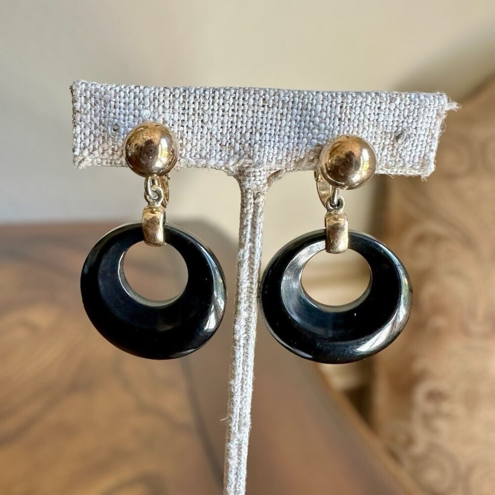 Vintage Bergere Earrings 1.5 Inch Door Knocker Clip On Gold Black Signed Retro